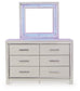 Zyniden Queen Upholstered Panel Bed with Mirrored Dresser, Chest and Nightstand