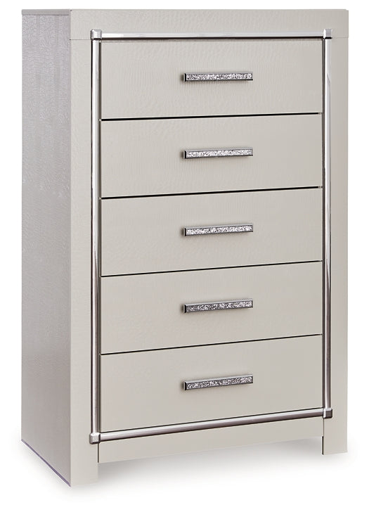 Zyniden Queen Upholstered Panel Bed with Mirrored Dresser, Chest and Nightstand