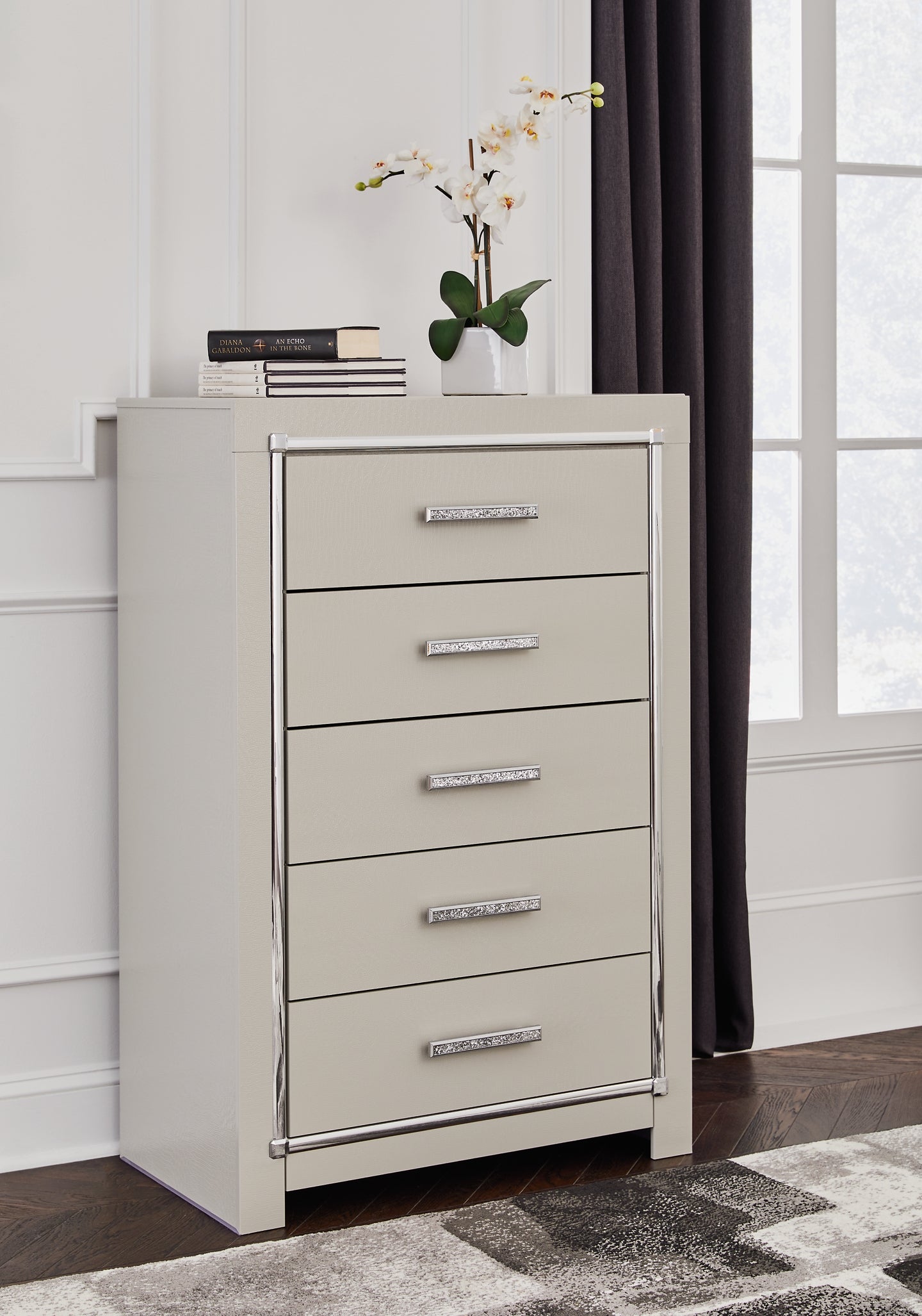 Zyniden Queen Upholstered Panel Bed with Mirrored Dresser, Chest and Nightstand