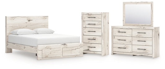 Queen Panel Storage Bed with Mirrored Dresser and Chest