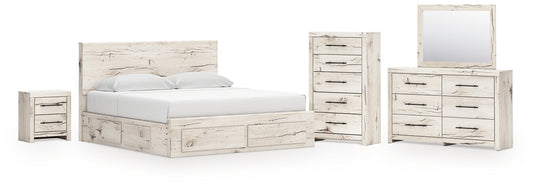 King Panel Storage Bed with Mirrored Dresser, Chest and Nightstand