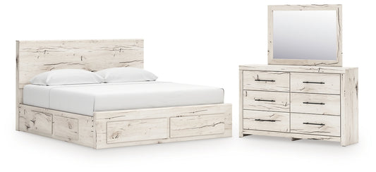King Panel Storage Bed with Mirrored Dresser