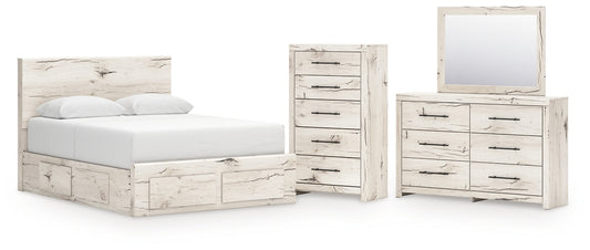 Queen Panel Storage Bed with Mirrored Dresser and Chest