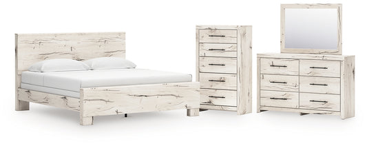 King Panel Bed with Mirrored Dresser and Chest