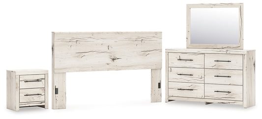 King Panel Headboard with Mirrored Dresser and Nightstand