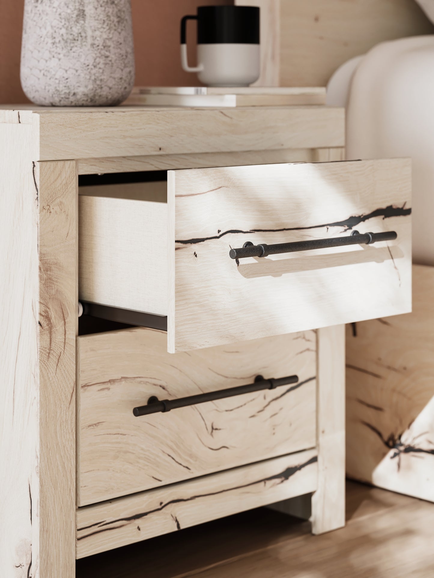 King Panel Headboard with Mirrored Dresser and Nightstand
