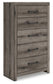 Graystorm King Panel Bed with Mirrored Dresser, Chest and Nightstand