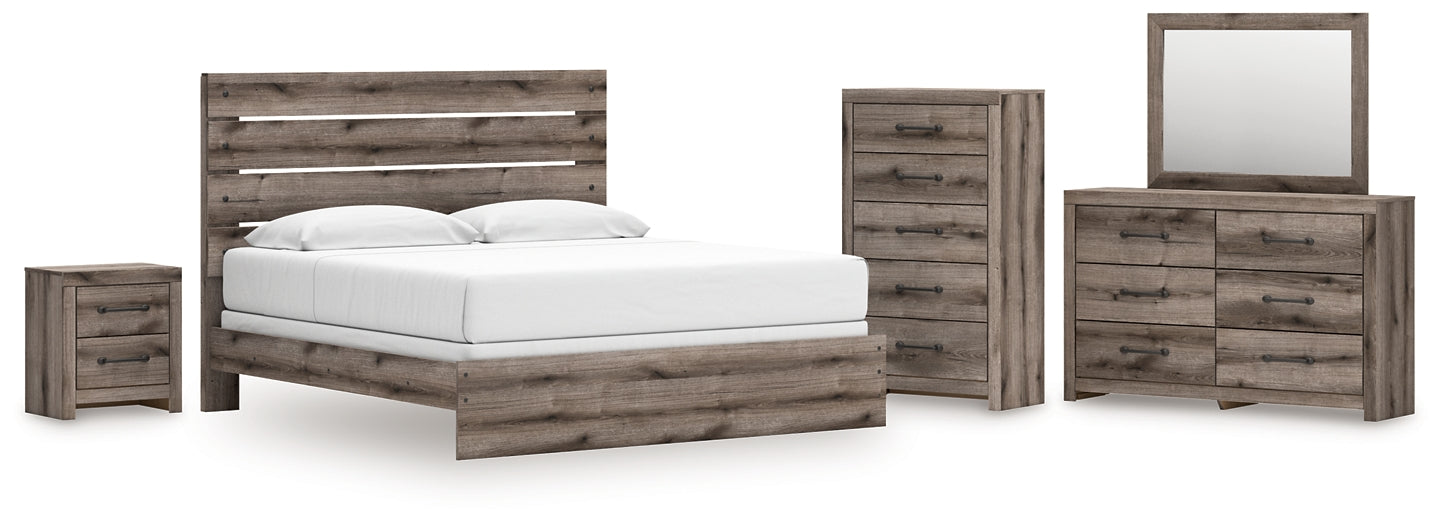 Graystorm King Panel Bed with Mirrored Dresser, Chest and Nightstand