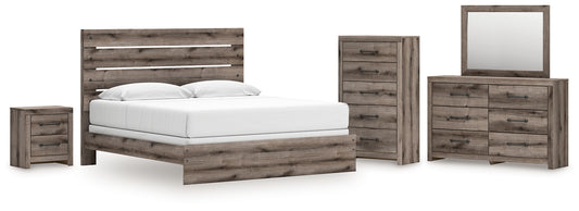 Graystorm King Panel Bed with Mirrored Dresser, Chest and Nightstand