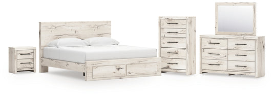 King Panel Storage Bed with Mirrored Dresser, Chest and Nightstand