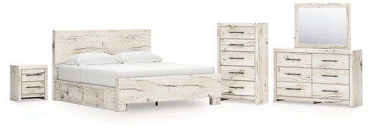 King Panel Bed with Mirrored Dresser, Chest and Nightstand