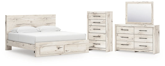 King Panel Storage Bed with Mirrored Dresser and Chest