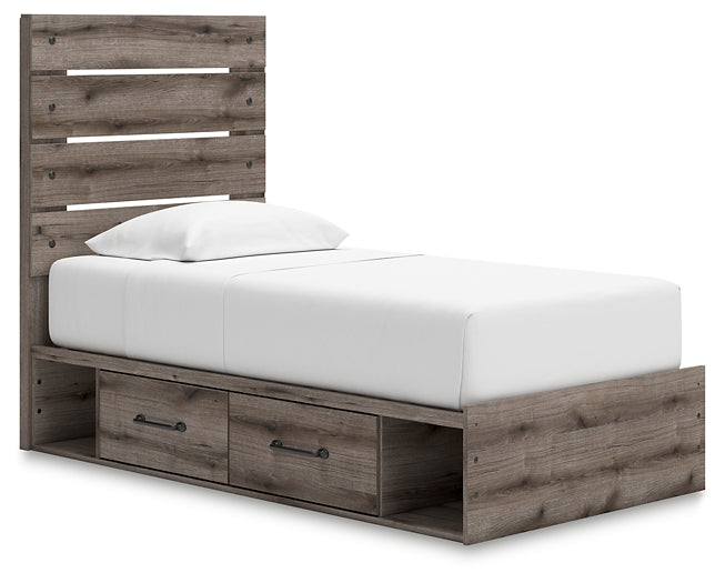 Graystorm Twin Panel Bed with Storage with Mirrored Dresser and Chest
