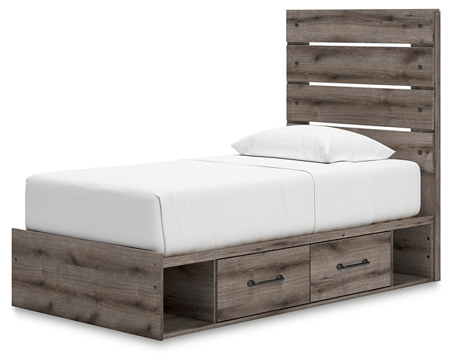 Graystorm Twin Panel Bed with Storage with Mirrored Dresser and Chest