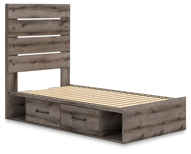 Graystorm Twin Panel Bed with Storage with Mirrored Dresser and Chest