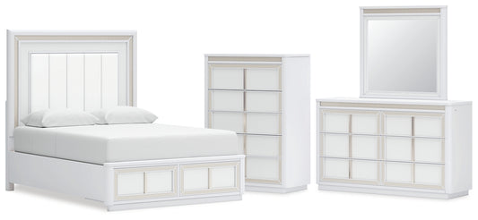 Chalanna Queen Upholstered Storage Bed with Mirrored Dresser and Chest