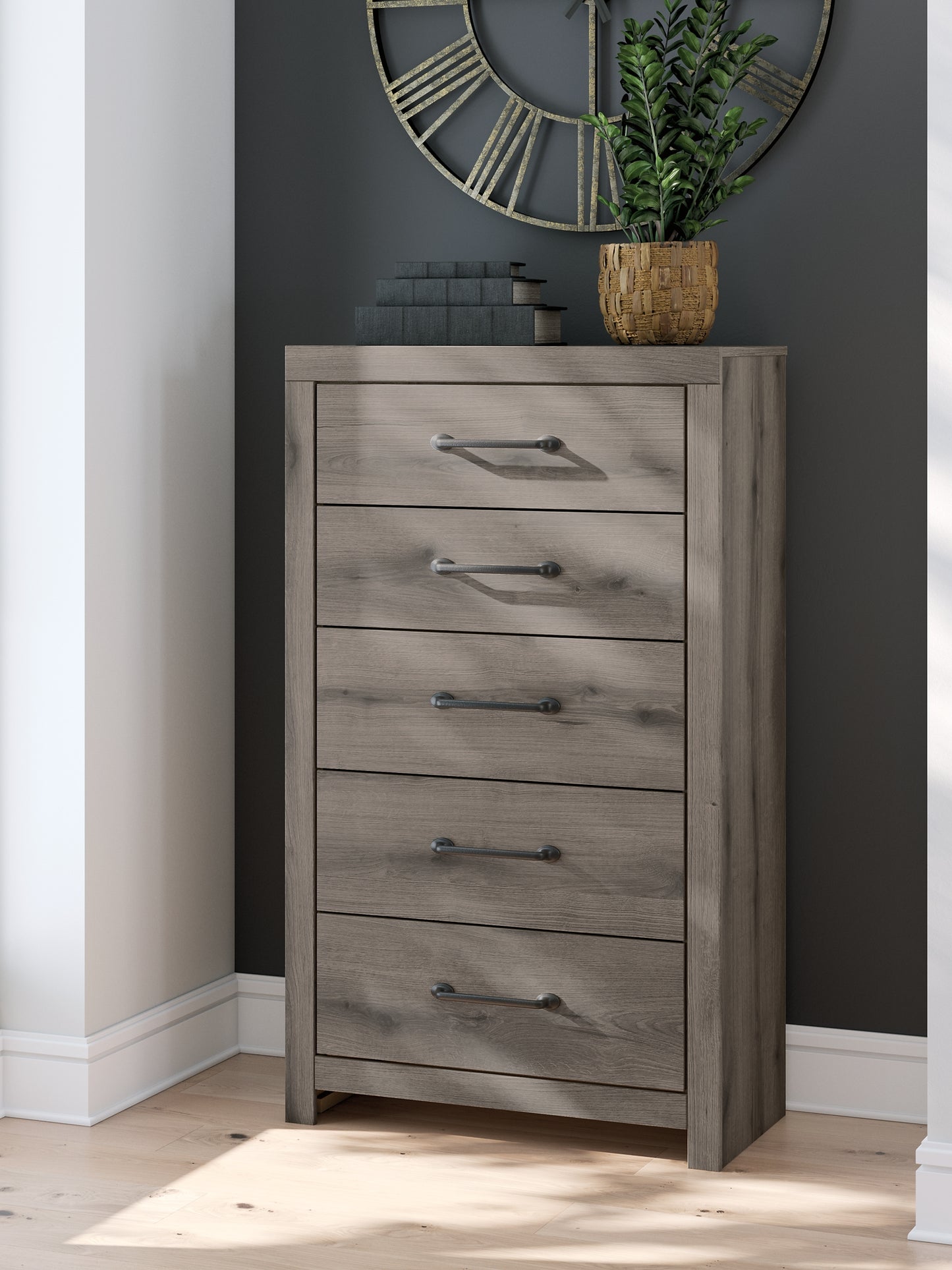 Graystorm Twin Panel Bed with Storage with Mirrored Dresser and Chest