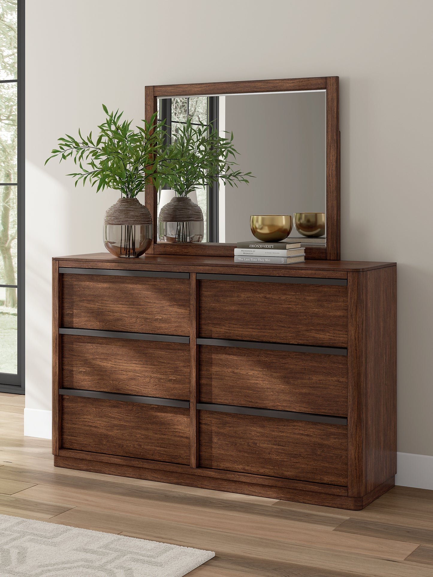 Dilenno Queen Canopy Bed with Mirrored Dresser and Chest