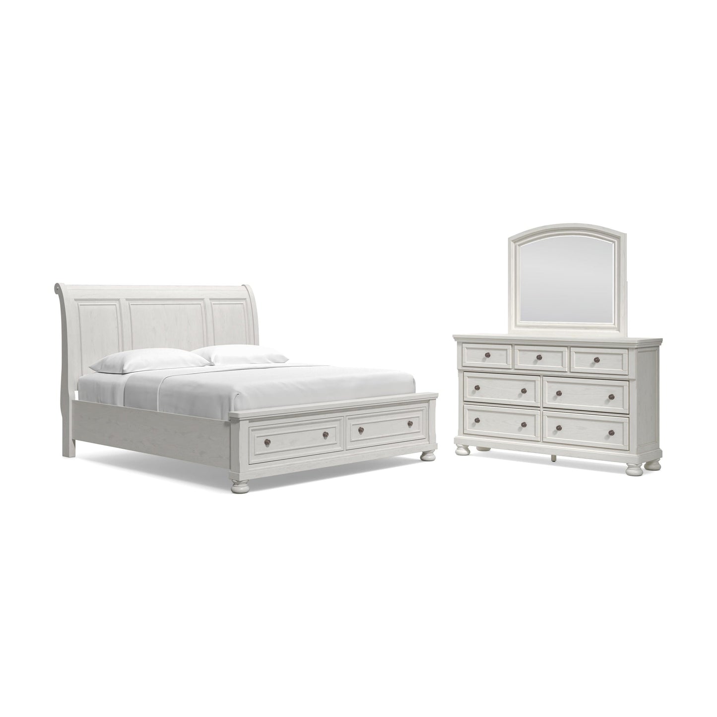 Robbinsdale California King Sleigh Bed with Storage with Mirrored Dresser