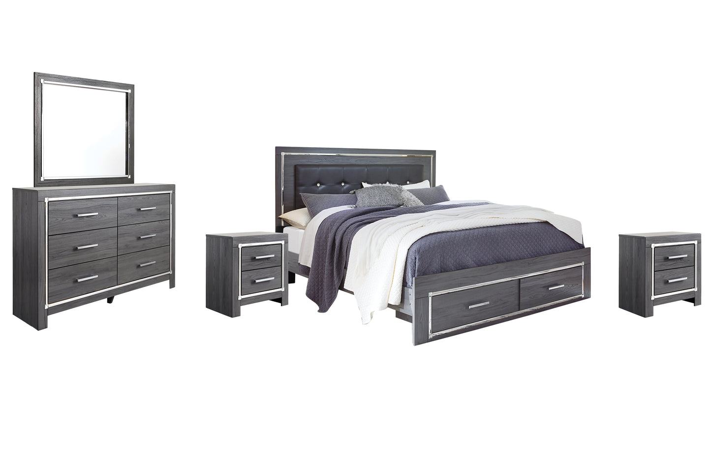 Lodanna King Panel Bed with 2 Storage Drawers with Mirrored Dresser and 2 Nightstands