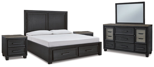 Foyland King Panel Storage Bed with Mirrored Dresser and 2 Nightstands
