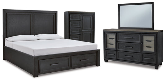 Foyland King Panel Storage Bed with Mirrored Dresser and Chest