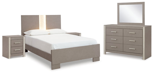 Surancha Queen Panel Bed with Mirrored Dresser and 2 Nightstands